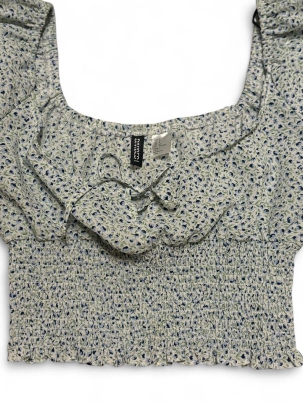 H&M Cream Floral Smocked Crop Top with Navy Accents